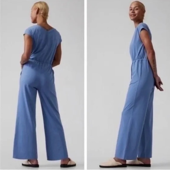 Athleta Pants - Athleta Willow Blue Drawstring Waist Wide Leg Lightweight V-Neck Jumpsuit XS